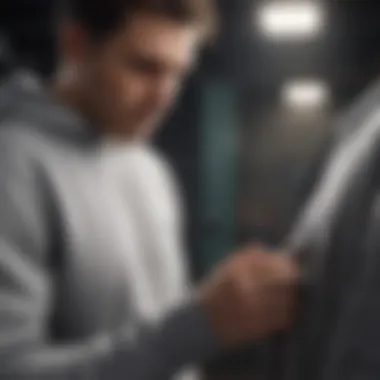 A person examining fabric quality of a sweatshirt