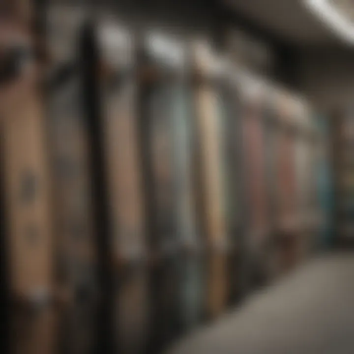 A collection of professional skateboards displayed in a shop