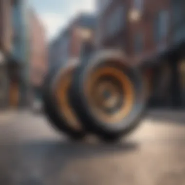 Close-up of skateboard wheels on a vibrant street