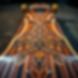 A close-up of the intricate design on an Arbor longboard deck