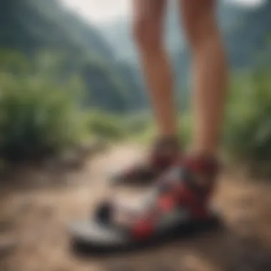 Asuna sandals being worn during an adventurous hike in a picturesque landscape.