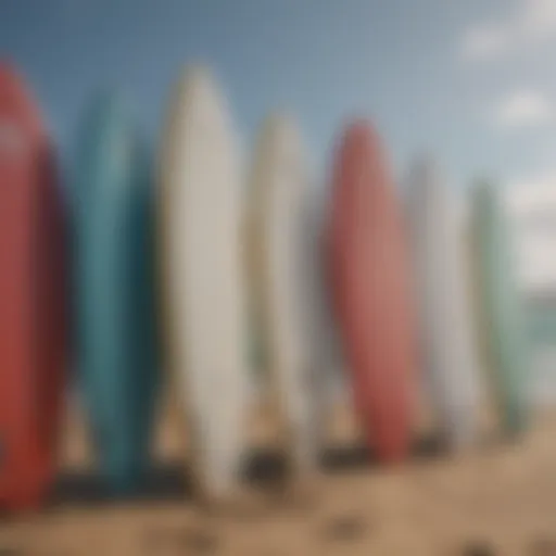 A diverse range of beginner surfboards showcasing different sizes and shapes.