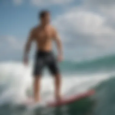 Action shot of an athlete wearing board shorts while surfing