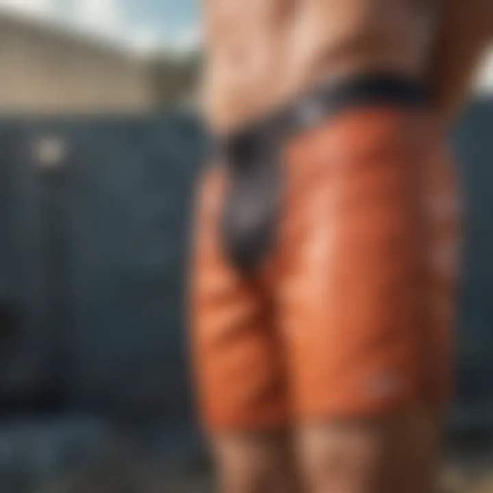 Close-up view of board shorts material highlighting breathability