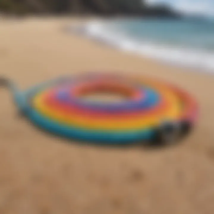 A colorful surf leash coiled on a sandy surface, emphasizing its durability and style.