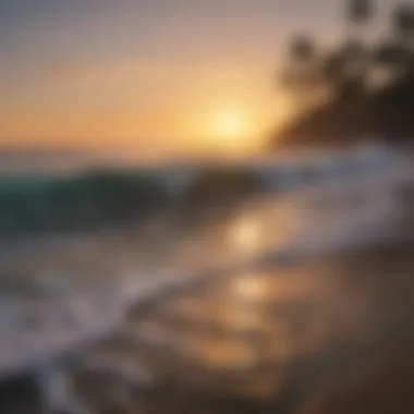 A stunning view of surfers catching waves at Kona beach during sunset.