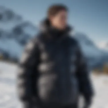 Black puffy coat in a snow-covered mountain landscape