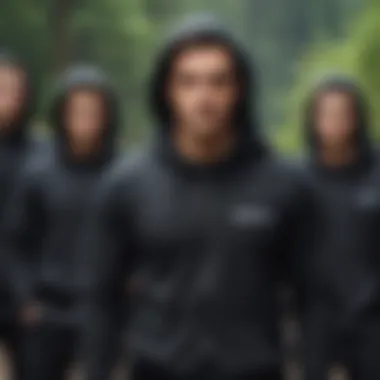 Group of extreme sports enthusiasts wearing black zip-up hoodies during an outdoor adventure