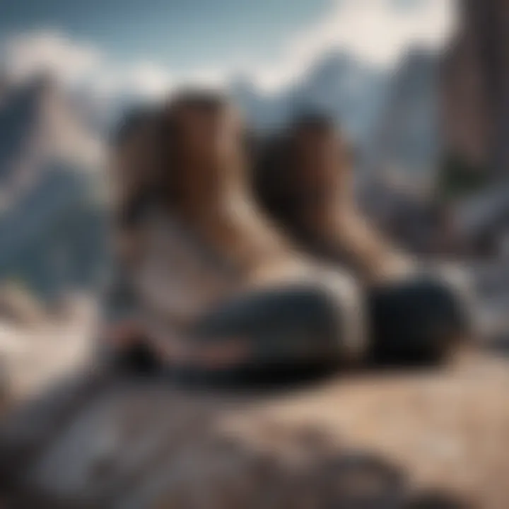 A climber's boots and bindings set against a rugged mountain backdrop