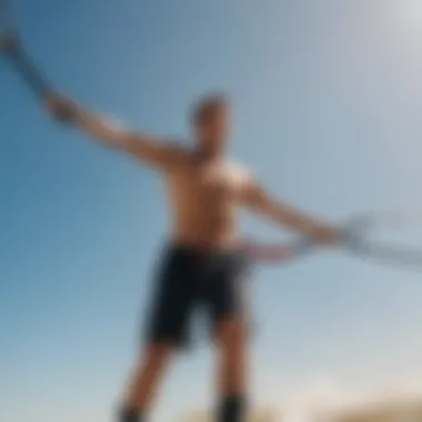 An athlete using a coil leash during a kiteboarding session.