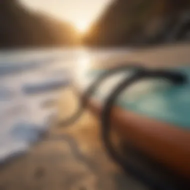 Different types of coil leashes displayed on a surfboard.