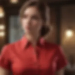 Elegant red short sleeve blouse displayed on a mannequin.