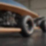 Detailed view of a nine-inch longboard truck showcasing its unique design features and construction materials.