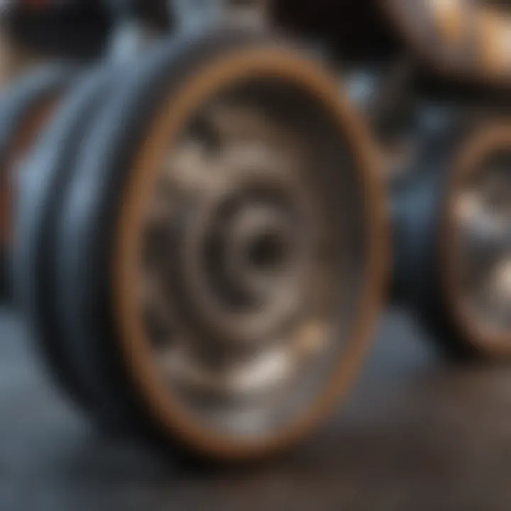 Close-up of longboard wheels showcasing their design and material