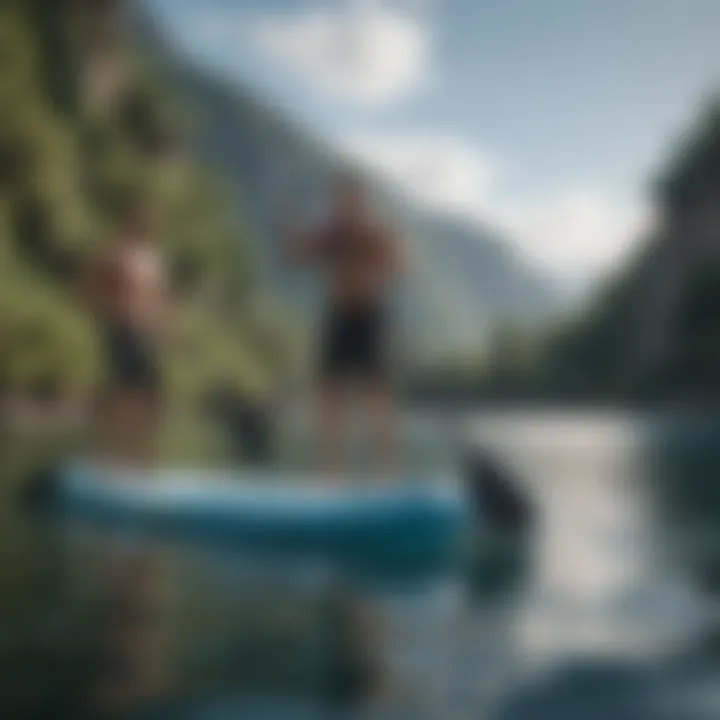 A group of paddlers enjoying a day out on inflatable stand-up paddleboards in open water.