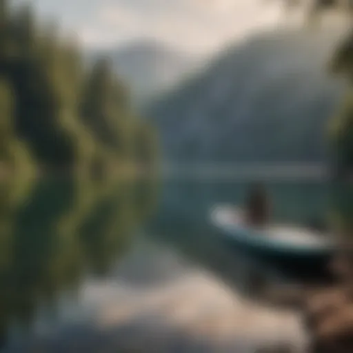 A scenic view of a calm lake with an inflatable stand-up paddleboard resting on the shore.