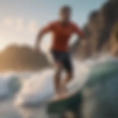 A surfer using a high-tech surf watch to track performance.