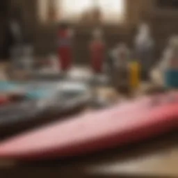 Essential components of a surfboard repair kit displayed on a workbench