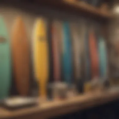 A collection of surfboard repair kits showcased on a shelf