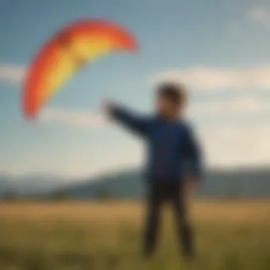 Learning to Fly a Training Kite A serene scene depicting a child learning to fly a training kite in an open field.