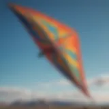 A close-up view of a vibrant training kite soaring against a clear blue sky.