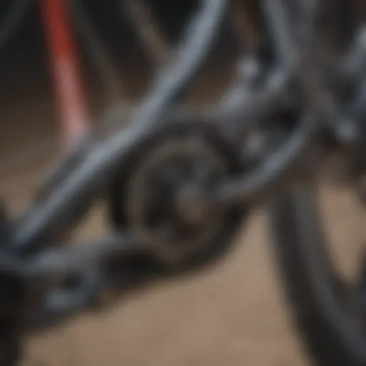 Close-up of a seven-speed mountain bike chain highlighting its intricate links and design.