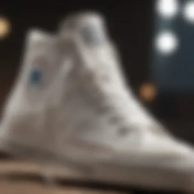 Detailed View of Converse Sneakers A close-up of Converse all white canvas sneakers showcasing intricate detailing.