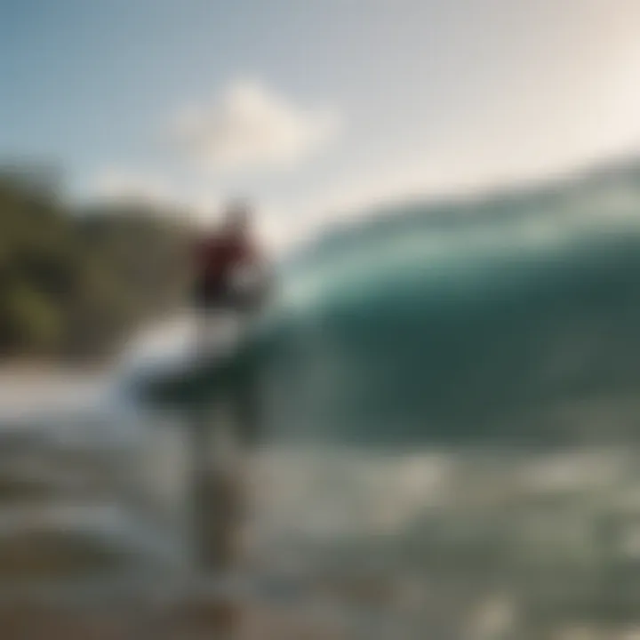 A surf school with instructors guiding beginners on the shore.