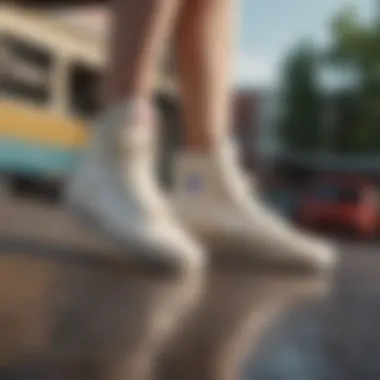 Cream Hightop Vans in Action Athletes wearing cream hightop Vans while engaging in extreme sports activities.