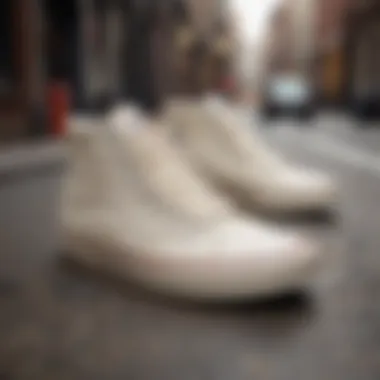 Cream Hightop Vans as a Fashion Statement A stylish urban setting with cream hightop Vans highlighted as a fashion statement.