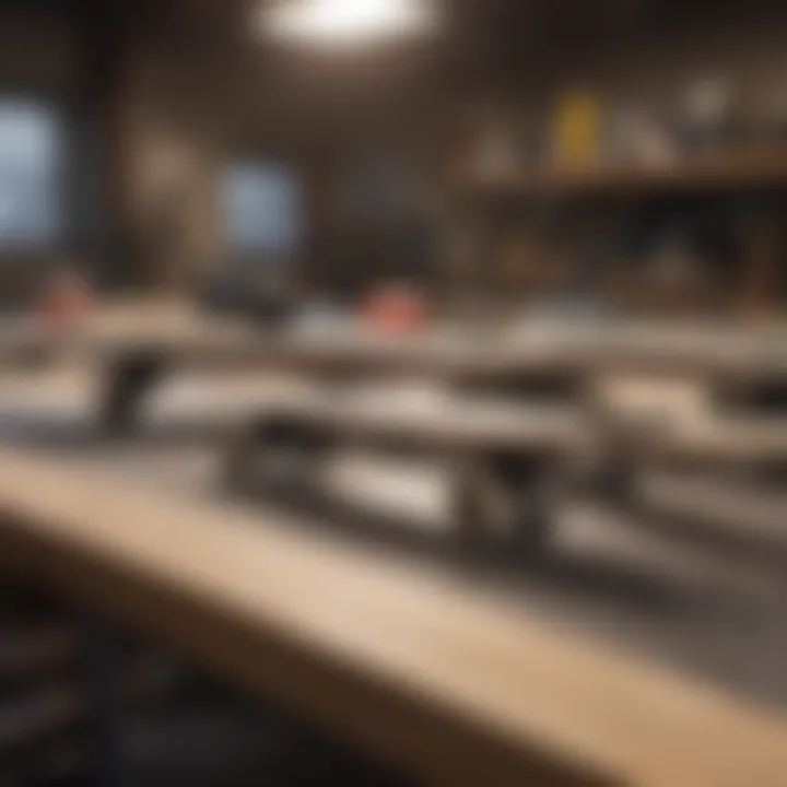 Workbench filled with tools and materials for skateboard construction