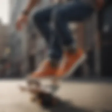 Skateboarder performing tricks wearing DC suede shoes