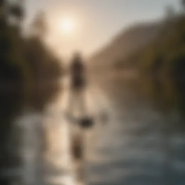 A paddle boarder navigating calm waters, focusing on balance and skill