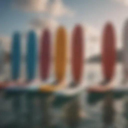 A variety of stand up paddle boards of different sizes lined up next to each other