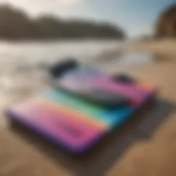 A vibrant display of various discount boogie boards on the beach