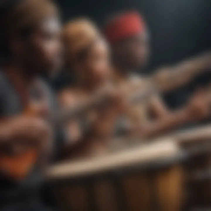 Close-up of musicians playing Afro-Caribbean instruments