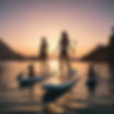 A serene sunset backdrop showcasing electric paddle boards in use.