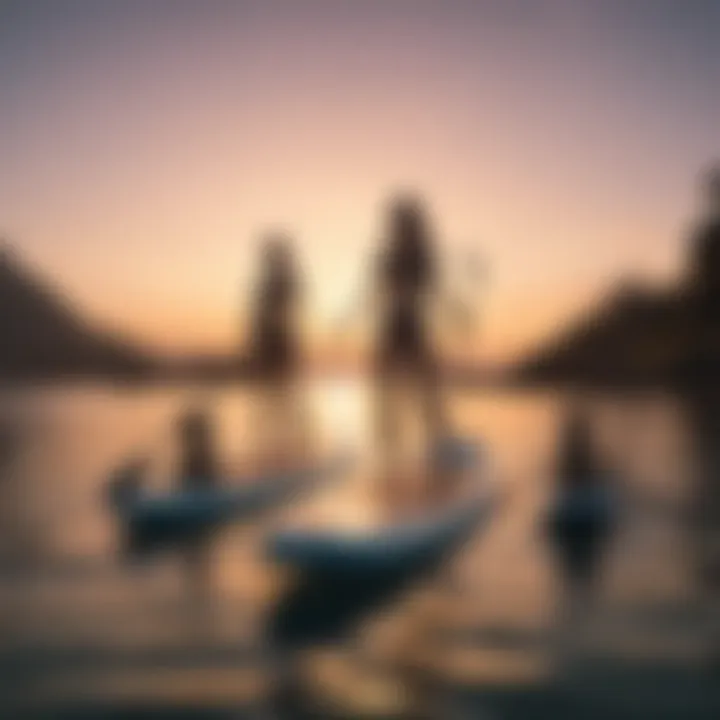 A serene sunset backdrop showcasing electric paddle boards in use.