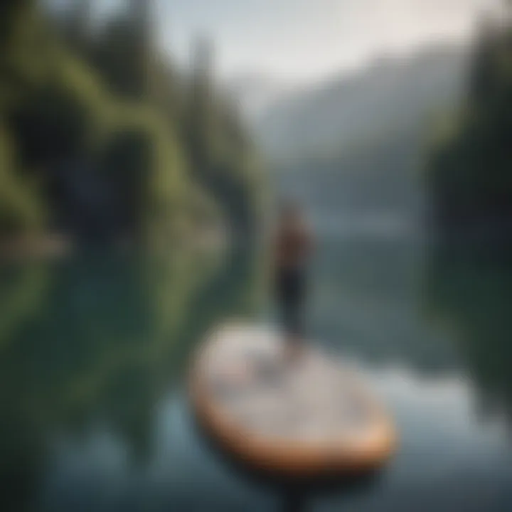 A tranquil lake scene showcasing different paddle board sizes