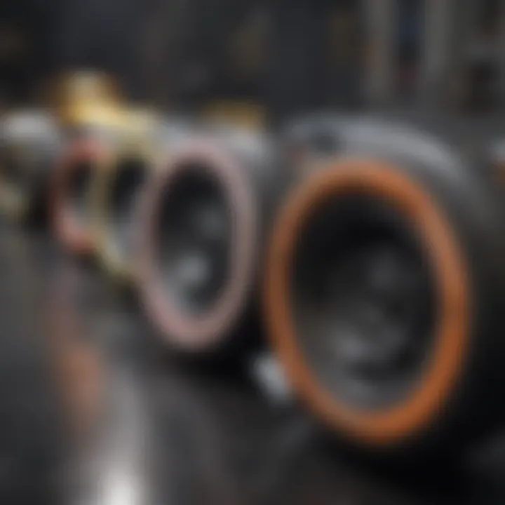 Close-up of skateboard wheels and trucks with emphasis on material