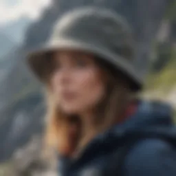 A stylish adult bucket hat worn during a mountain climbing adventure
