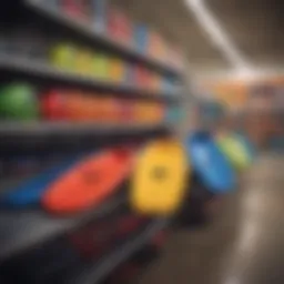 A vibrant selection of bodyboards displayed in a store aisle, showcasing various colors and styles.