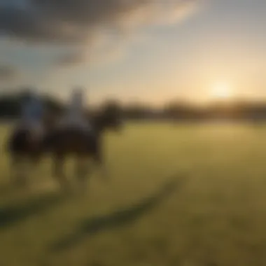 An overview of a polo field set against a sunset.