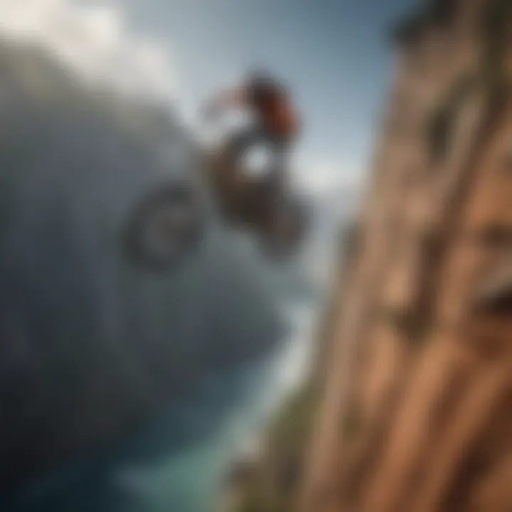 A breathtaking view of an extreme sports athlete performing a daring stunt in nature's backdrop.