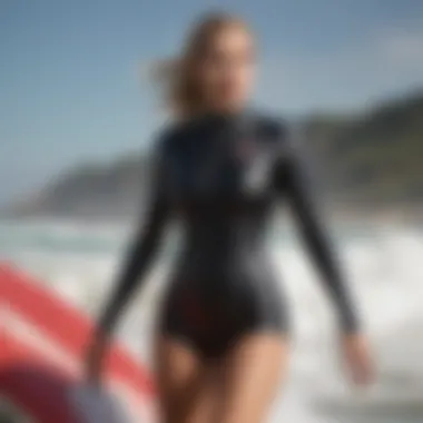 Female athlete showcasing movement in a Dickies short suit at a surfing event