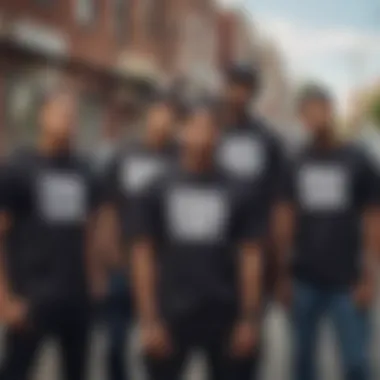 Group of individuals wearing Boyz N The Hood tees in urban setting