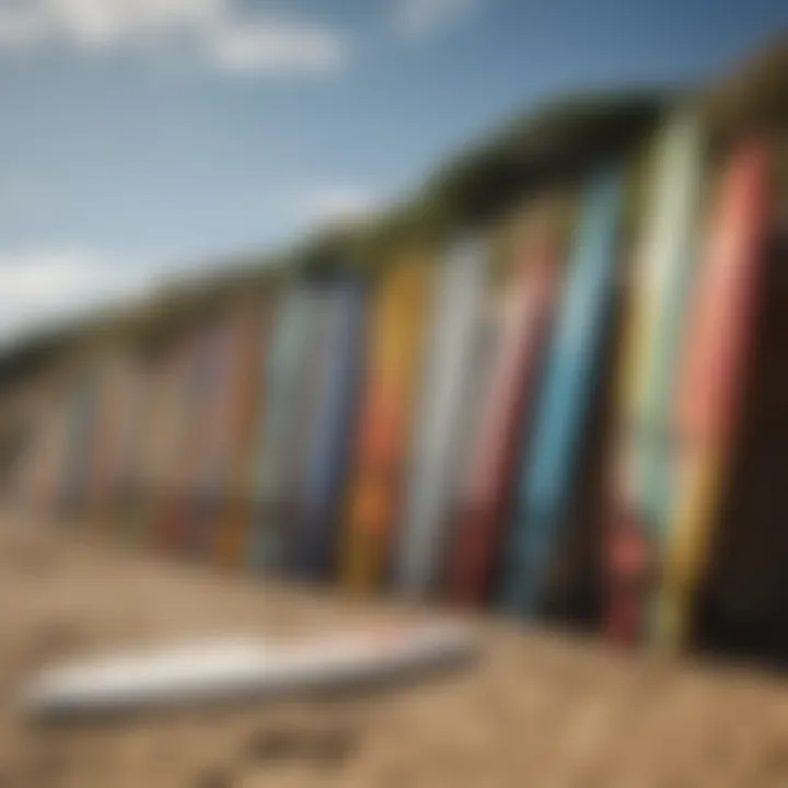 An artistic view of surfboards lined up against a colorful beach backdrop.