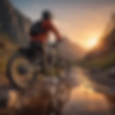 A mountain biker resting on a trail with a glorious sunset in the background