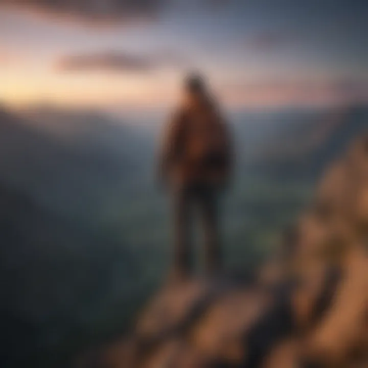 A climber at the summit of a mountain, overlooking a breathtaking valley during dusk