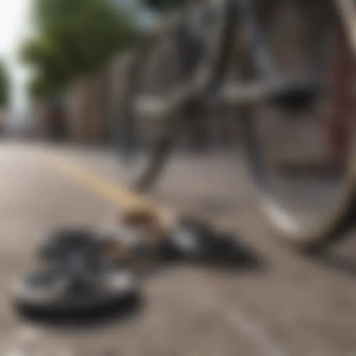 A close-up of essential fixed gear biking equipment laid out on a sidewalk.